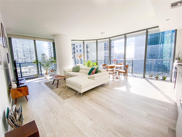 living room with a wall of windows