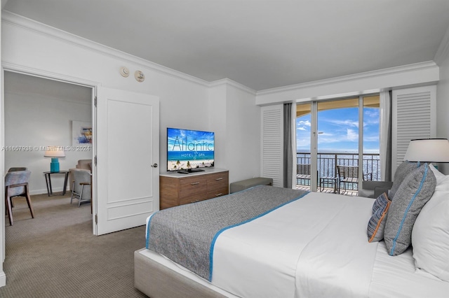 carpeted bedroom featuring access to exterior and crown molding