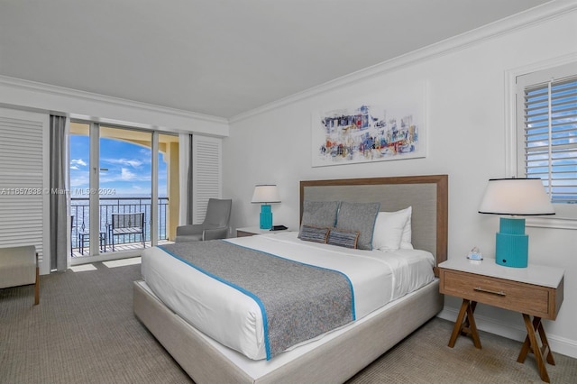 bedroom featuring carpet flooring, access to exterior, and crown molding