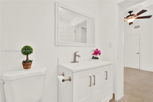 bathroom with toilet, visible vents, vanity, and a ceiling fan