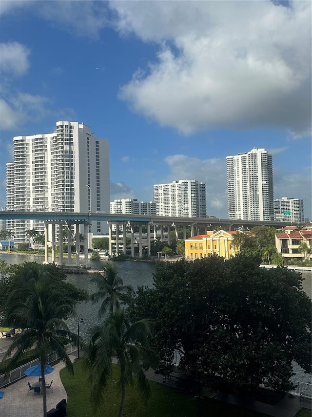 view of building exterior with a water view