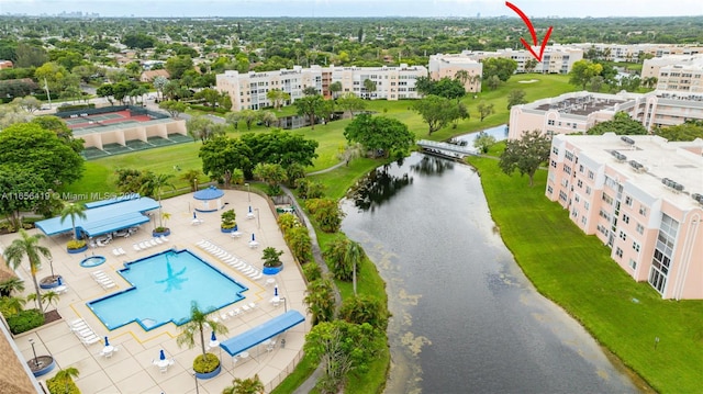 aerial view featuring a water view