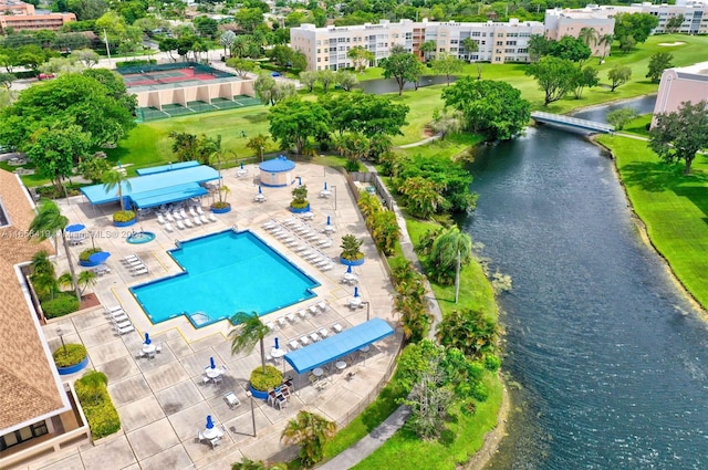 birds eye view of property featuring a water view