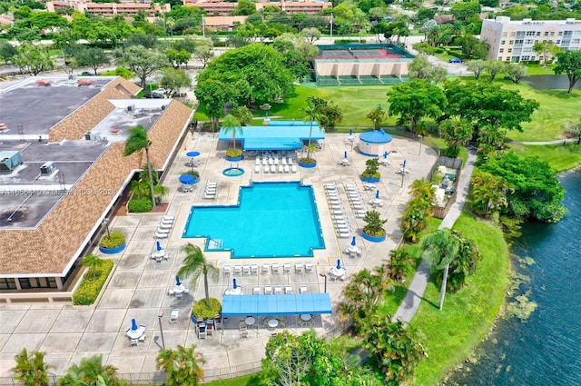 aerial view featuring a water view