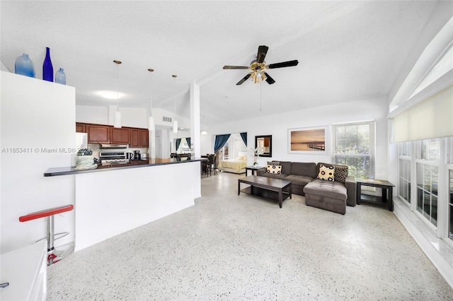 living area with lofted ceiling, a textured ceiling, speckled floor, and ceiling fan