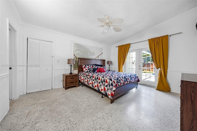 bedroom with crown molding, a textured ceiling, speckled floor, french doors, and access to outside