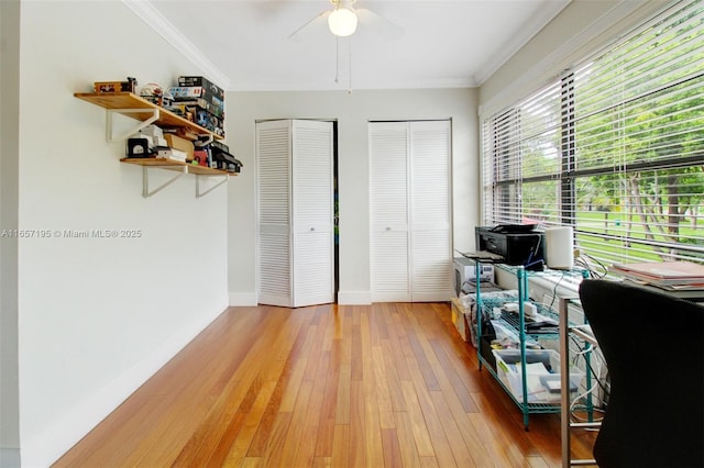 office space with ceiling fan, crown molding, and light hardwood / wood-style flooring