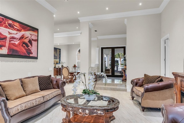 living room with french doors and crown molding