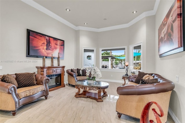 living room featuring ornamental molding