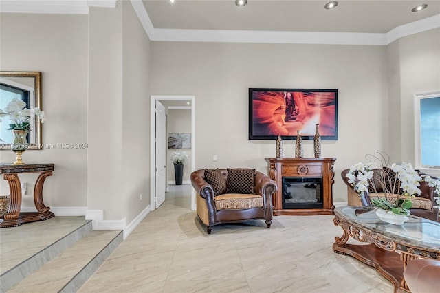 living room featuring crown molding