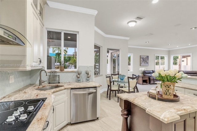 kitchen featuring black electric stovetop, stainless steel dishwasher, sink, and light stone counters