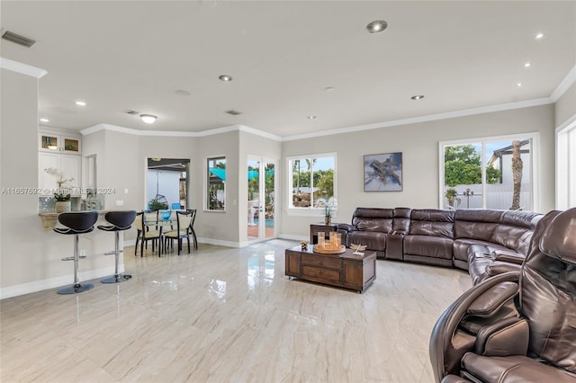 living room with ornamental molding and a wealth of natural light