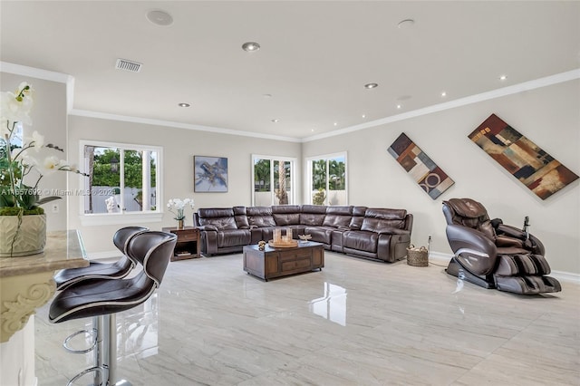 living room featuring ornamental molding