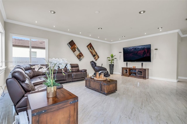 living room with ornamental molding