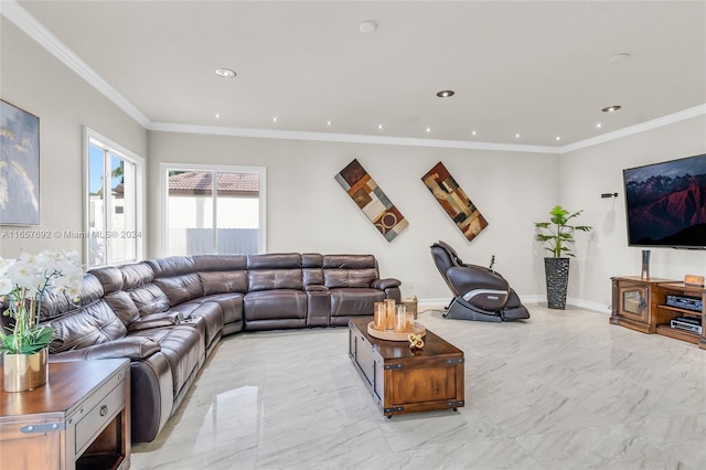 living room with crown molding