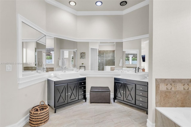 bathroom with vanity, plus walk in shower, and a healthy amount of sunlight