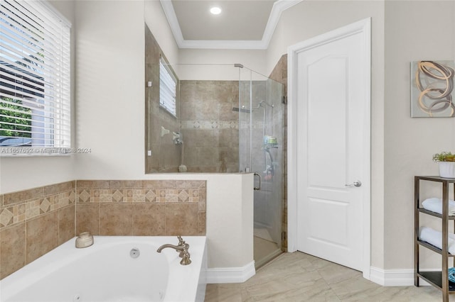 bathroom with independent shower and bath and crown molding