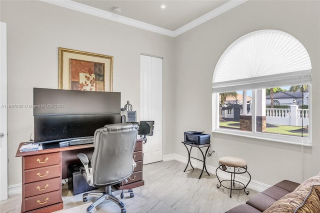 office space with ornamental molding