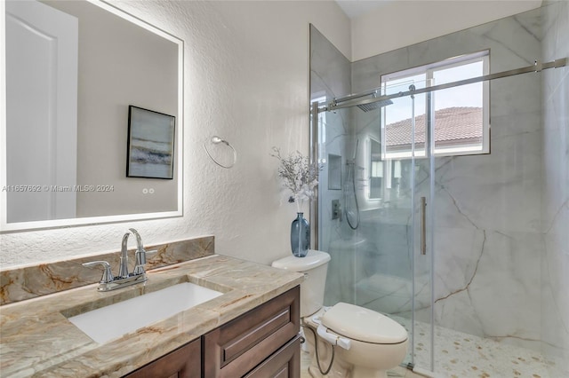 bathroom featuring walk in shower, vanity, and toilet