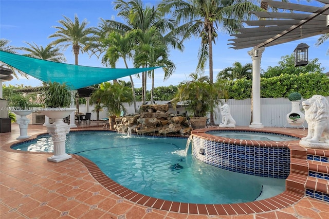 view of swimming pool with central AC unit, an in ground hot tub, a pergola, and pool water feature