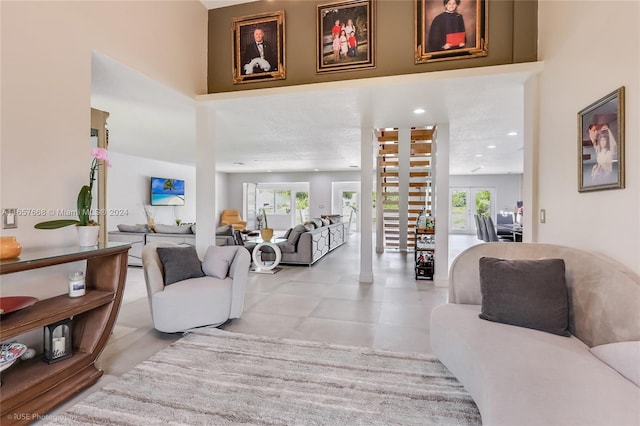 living room with a textured ceiling