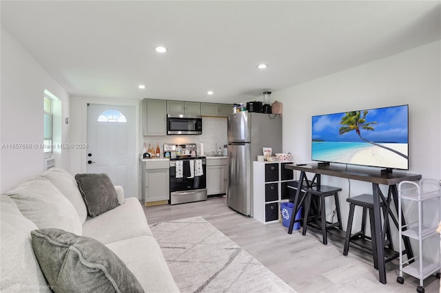 living room featuring light hardwood / wood-style flooring and sink