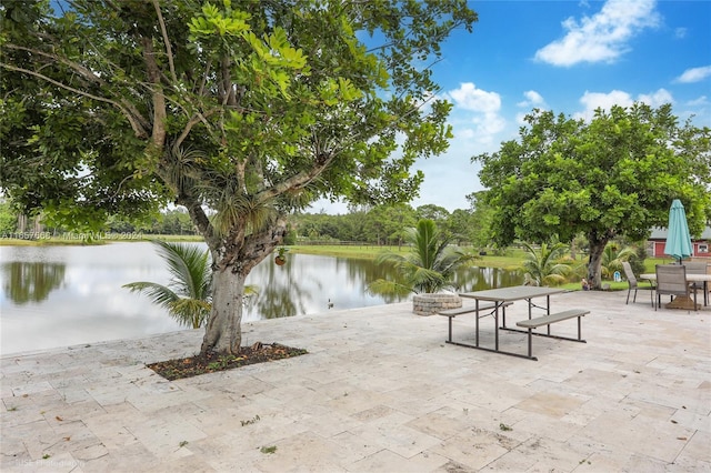 view of patio / terrace featuring a water view