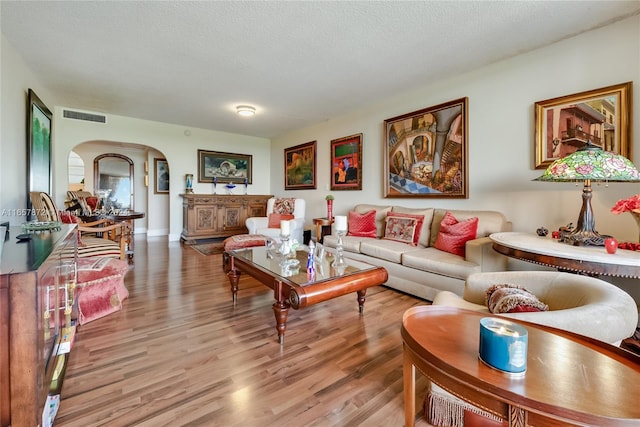 living room with a textured ceiling and light wood-type flooring