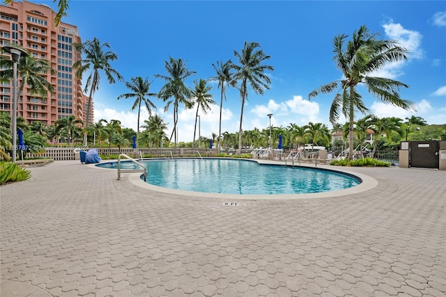 view of swimming pool with a patio