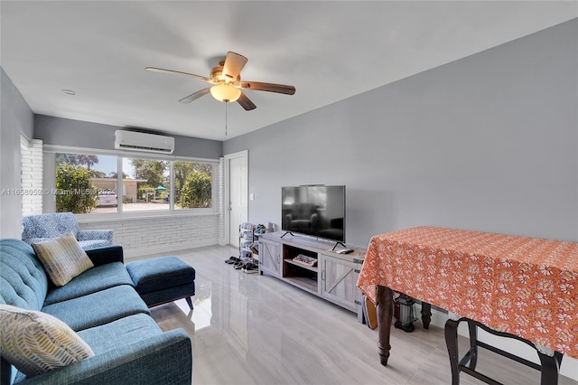 living room with ceiling fan, a wall mounted AC, and brick wall