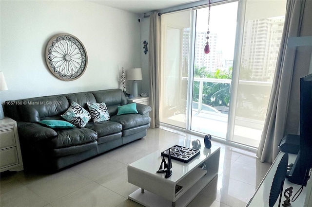 living room with a view of city and light tile patterned floors