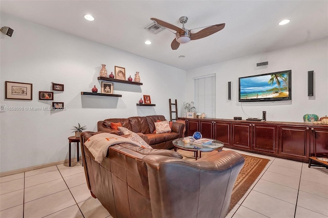 living room featuring light tile patterned floors, visible vents, recessed lighting, and a ceiling fan