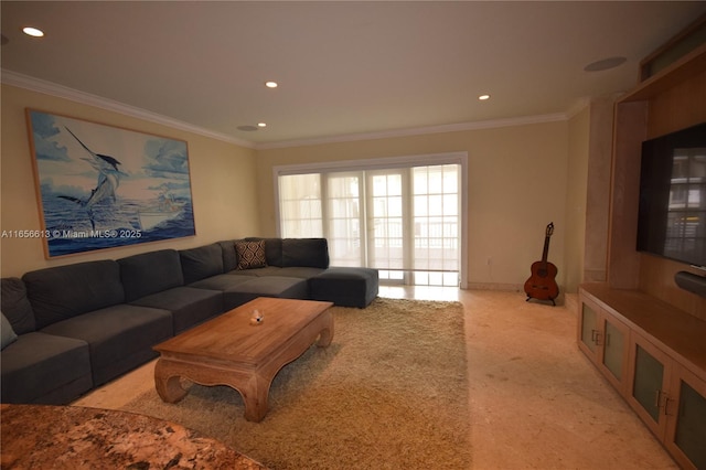 carpeted living room featuring ornamental molding