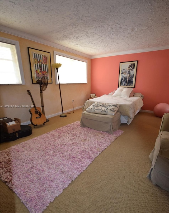 carpeted bedroom featuring crown molding and a textured ceiling