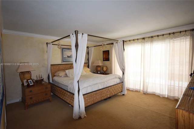 carpeted bedroom featuring crown molding