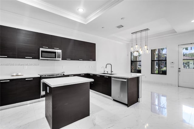 kitchen featuring a kitchen island, a raised ceiling, sink, pendant lighting, and appliances with stainless steel finishes