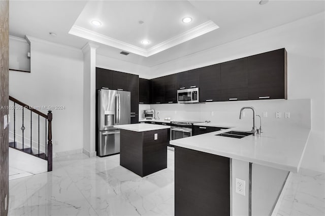 8465 NW 51st Ter Unit 8465, Doral, FL 33166 - kitchen featuring crown molding, a sink, stainless steel appliances, dark cabinetry, and marble finish floor