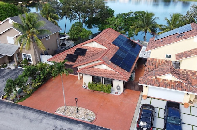 bird's eye view with a water view