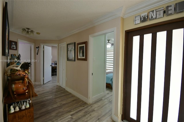 interior space with crown molding, light wood-type flooring, baseboards, and a textured ceiling