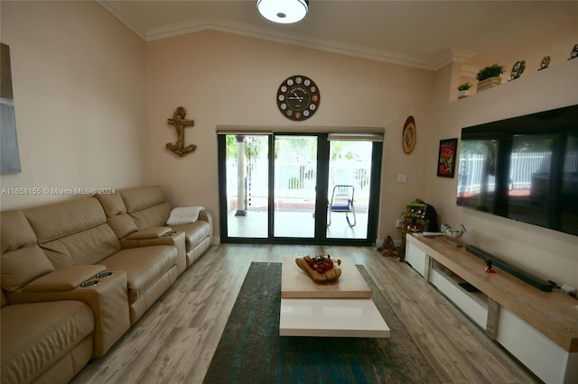 living area featuring crown molding and wood finished floors