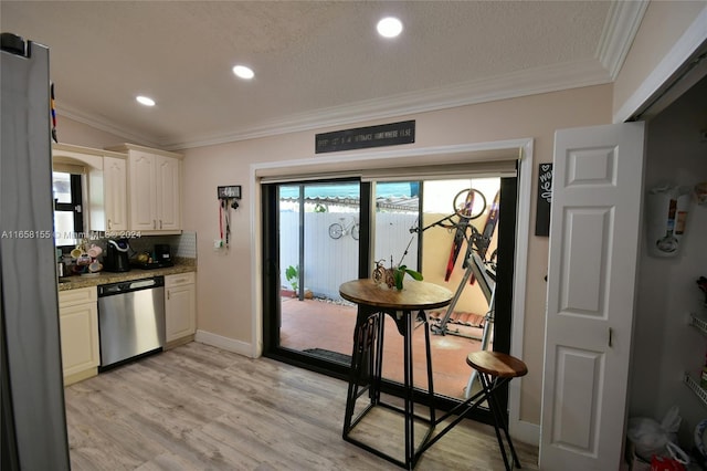 kitchen featuring stone counters, recessed lighting, stainless steel dishwasher, light wood finished floors, and crown molding