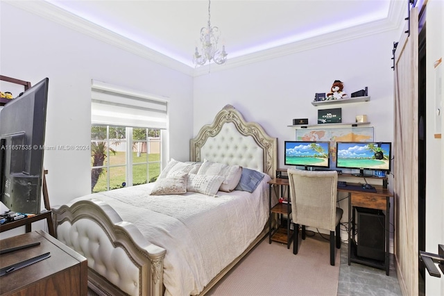 carpeted bedroom with ornamental molding, a chandelier, and a barn door