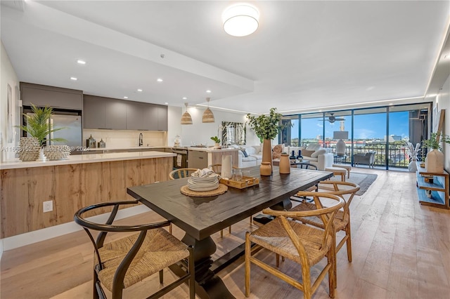 dining room featuring expansive windows and light hardwood / wood-style flooring