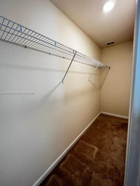 spacious closet featuring dark colored carpet