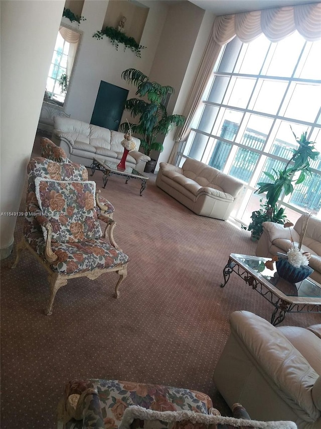 living room with a towering ceiling, plenty of natural light, and carpet floors