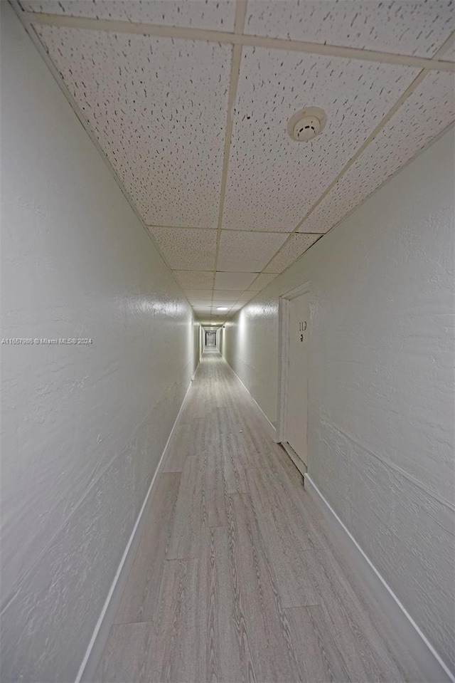 hall featuring hardwood / wood-style floors and a drop ceiling