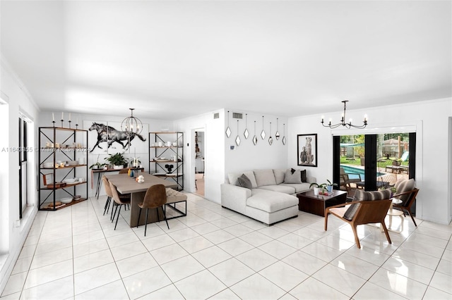 tiled living room with an inviting chandelier