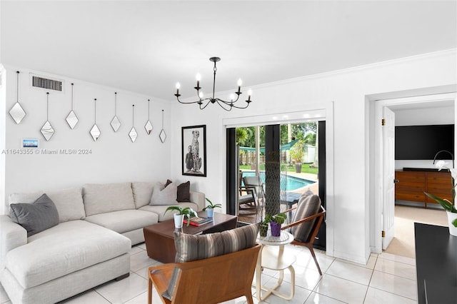 tiled living room with an inviting chandelier and french doors