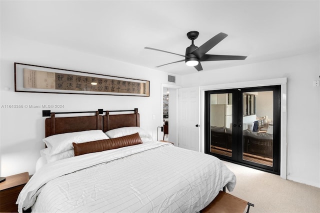 bedroom with ceiling fan, access to outside, and carpet floors