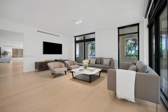 living room with expansive windows and light wood-type flooring